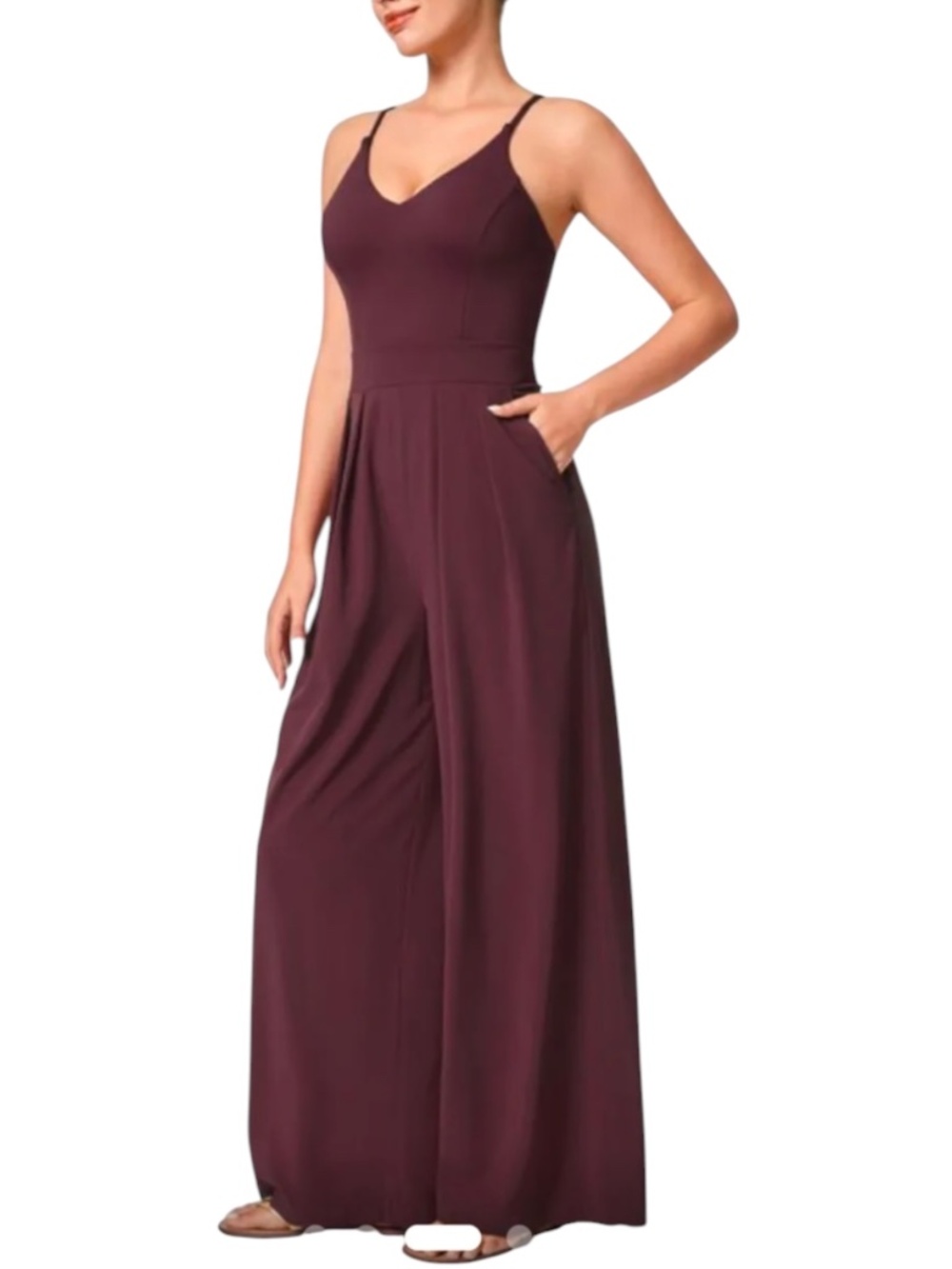 Halara Breezeful Backless Wide-Leg Jumpsuit Pockets Burgundy- Maroon MPetite NWT